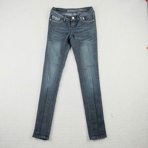 Vintage Blue Jeans Womens 3 4 Rhinstones Skinny Stone Wash Whiskers Denim 90s